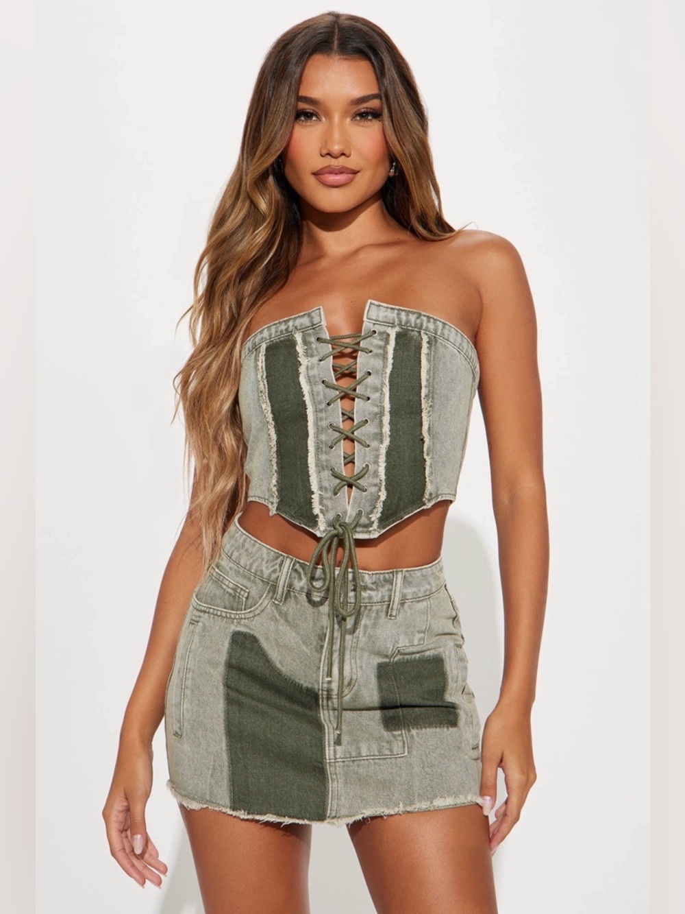 Fashion Nova Olive Patchwork Denim Mini Skirt NWT